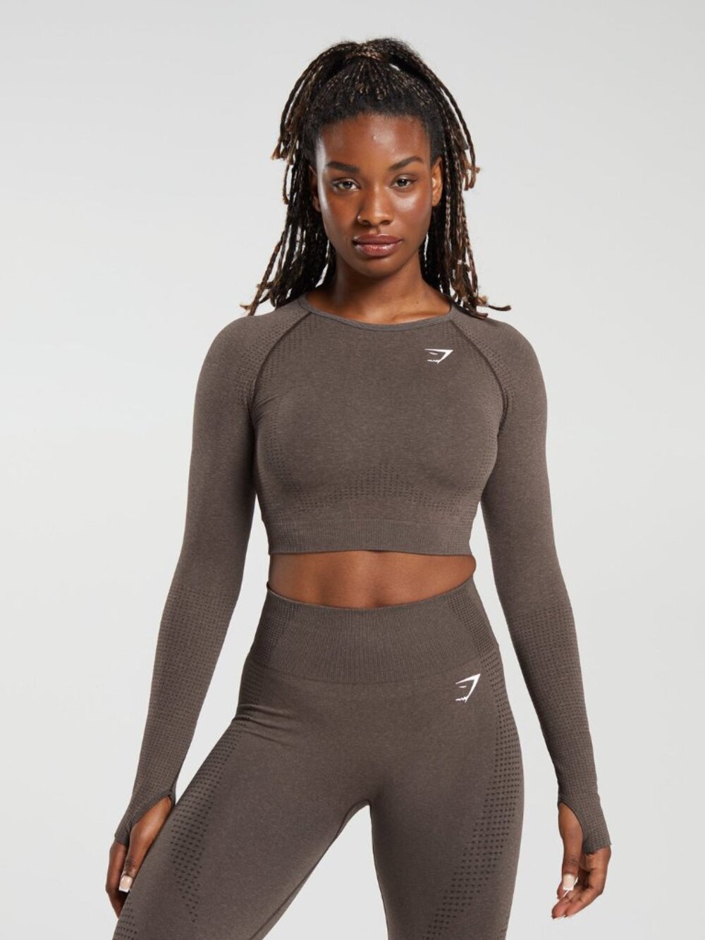 Gymshark Workout Vital Seamless Long Sleeve Crop Top Brown Marl Medium